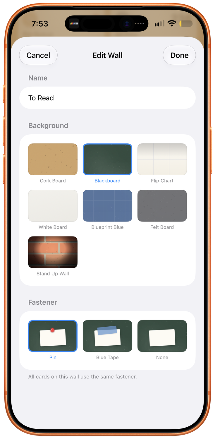 Editing a wall on iPhone: choose a cork board, blackboard, flip chart, white board or blueprint background, and a pin, tape or no fastener.