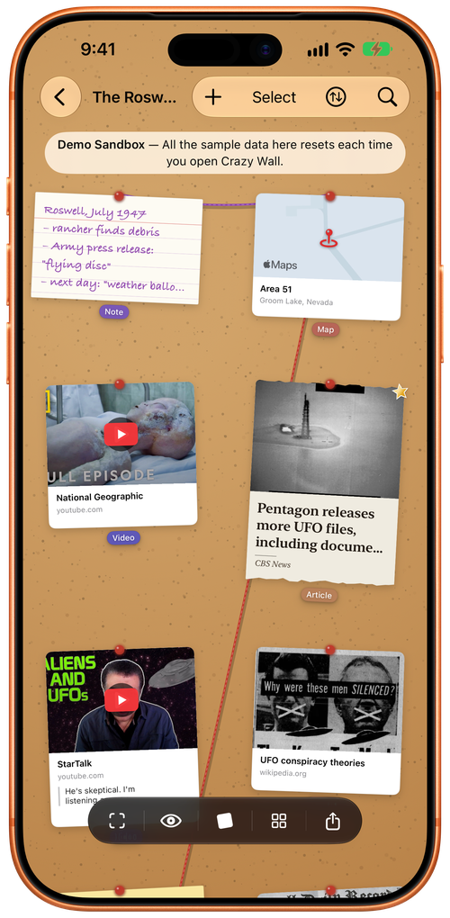 The Roswell Anomaly on iPhone: a note, a map of Area 51, two videos and two articles in a column on cork, with red yarn running between them.