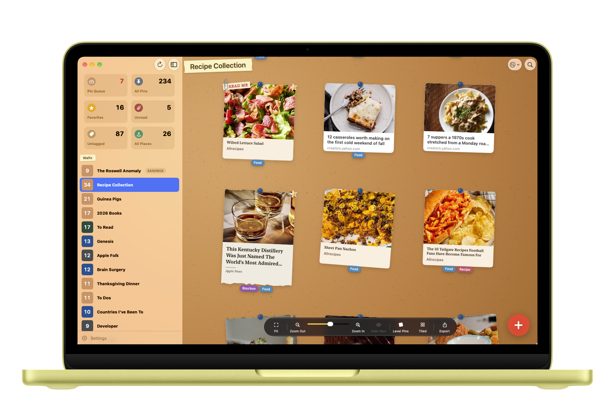 Crazy Wall on a MacBook Neo: a Recipe Collection wall on cork, with recipe cards pinned in rows and a sidebar of walls.