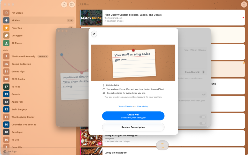 Crazy Wall MacOS desktop image showing the subscription window popup.