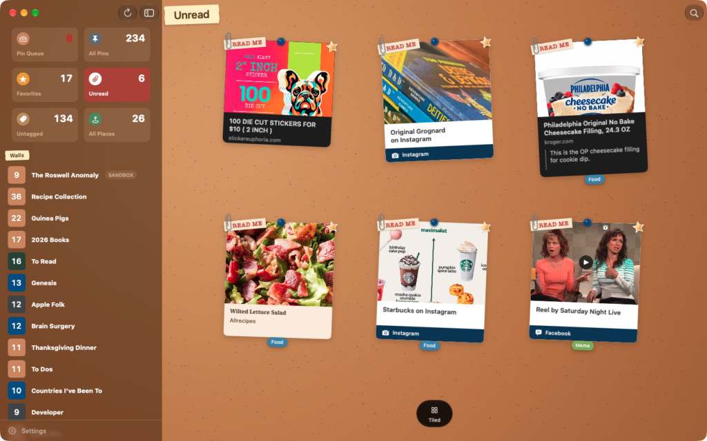 A Crazy Wall full of unread bookmarks
