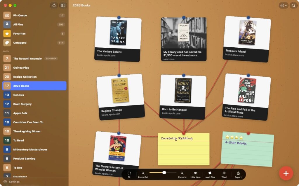 Crazy Wall on the Mac: the sidebar shows the new All Pins, Favorites and Untagged walls above a corkboard of book cards tied with red yarn.