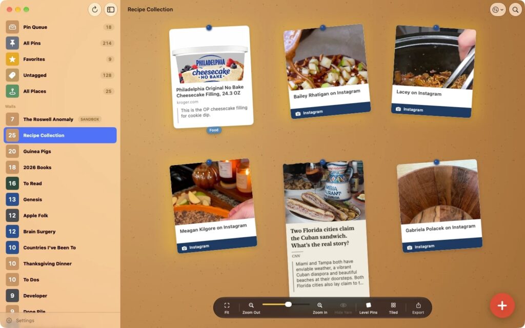 Crazy Wall on the Mac: the Recipe Collection wall on the corkboard, with All Places in the sidebar under Untagged. A Kroger cheesecake card carries a note ("This is the OP cheesecake filling for cookie dip."), and a CNN card about the Cuban sandwich carries a quote from the article.