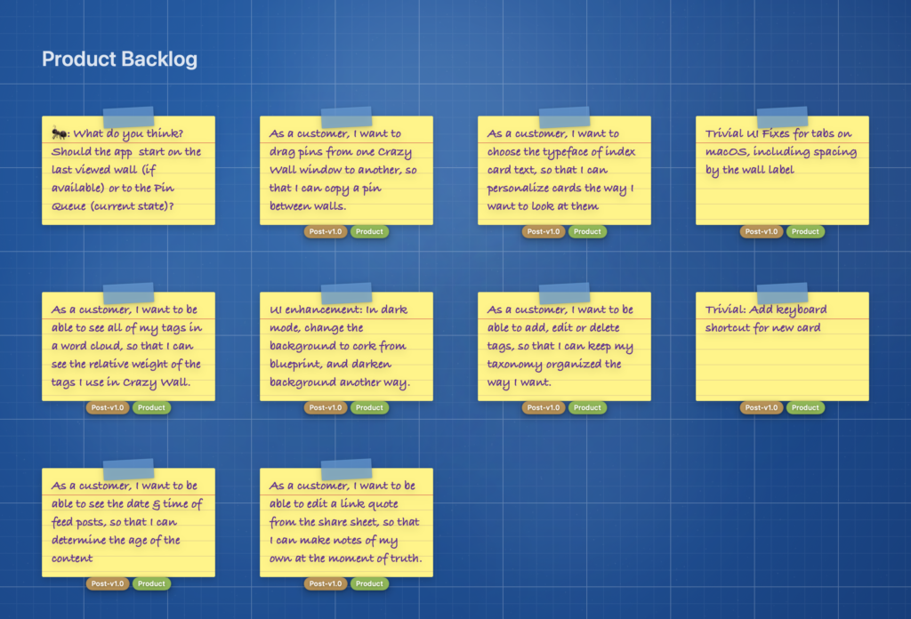 Crazy Wall screenshot displaying user story index cards on a blueprint blue background.